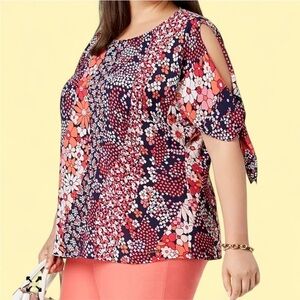 Michael Kors Navy Blue & Coral Pink Floral Print Women's Size Large Blouse Top